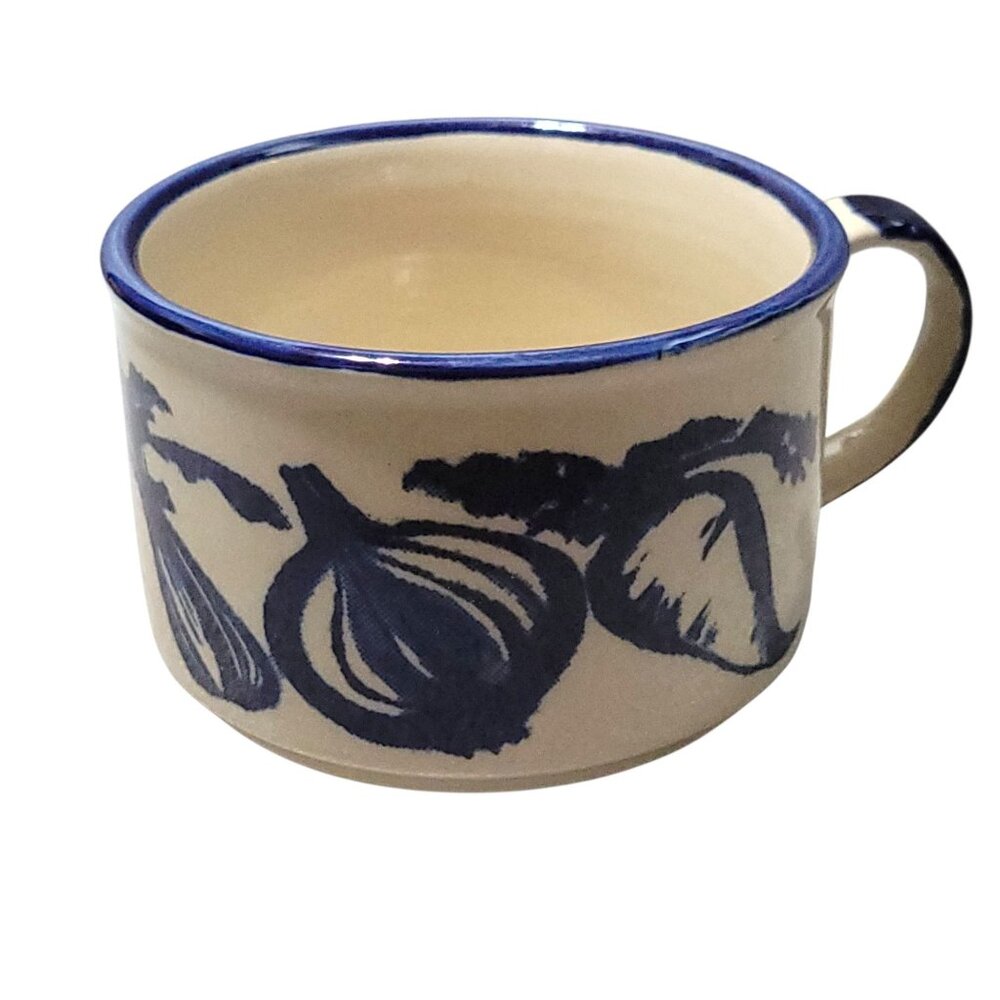Vintage Ceramic Stoneware Fig Soup Mug With Blue Rim & Handle